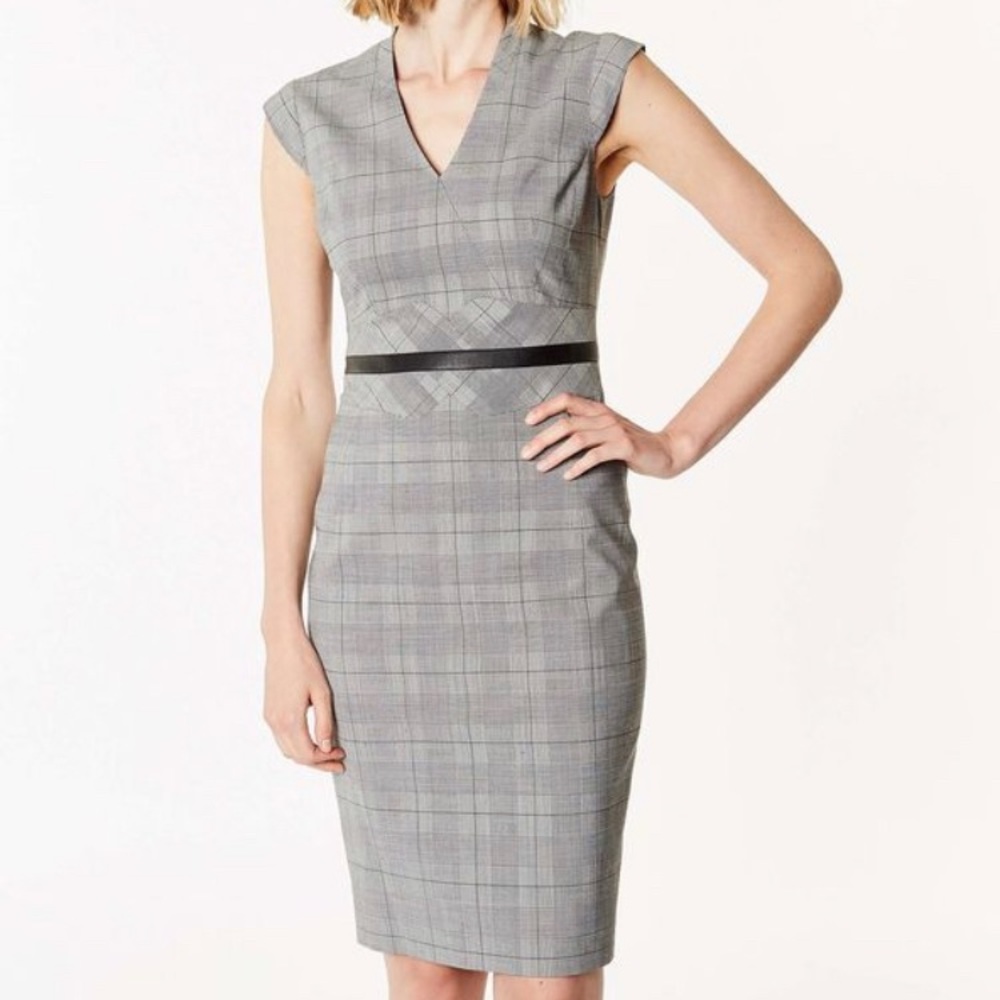 Karen Millen Plaid Work Sheath Dress with Faux Leather Details